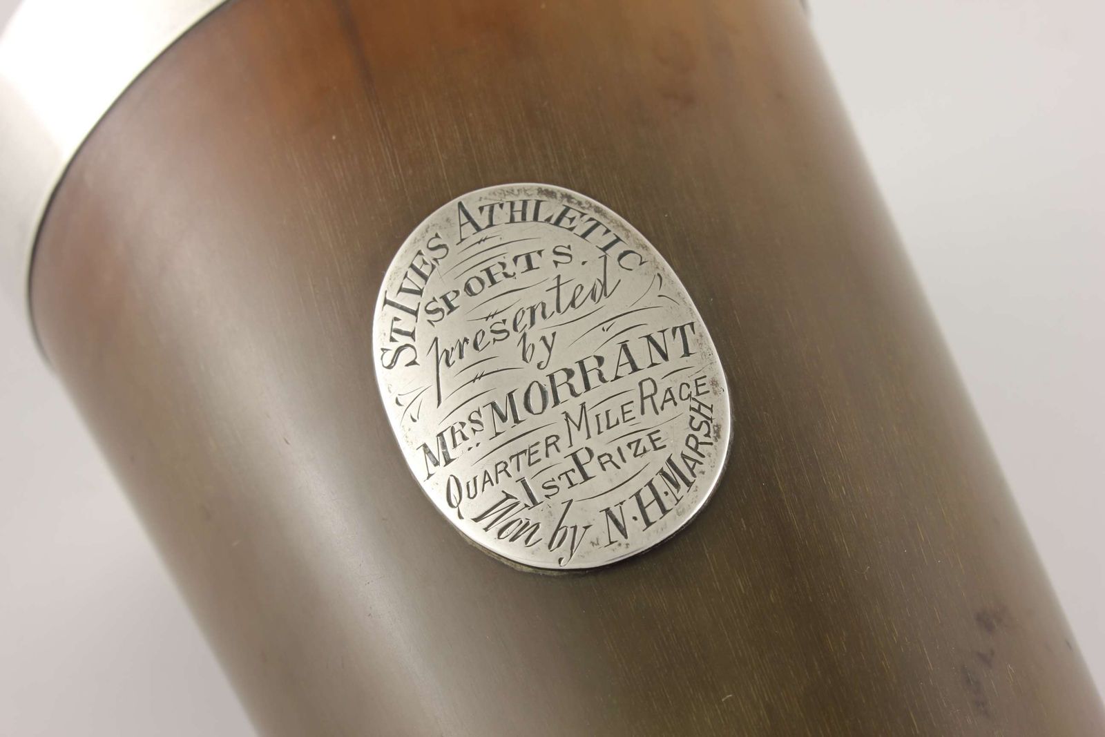 Horn Beaker Cup Silver Rim & Plaque. St Ives Athletic Sports Trophy 1881. photo furniture