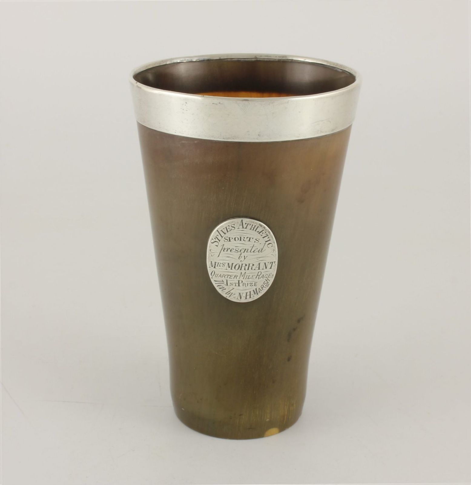 Horn Beaker Cup Silver Rim & Plaque. St Ives Athletic Sports Trophy 1881. photo for sale
