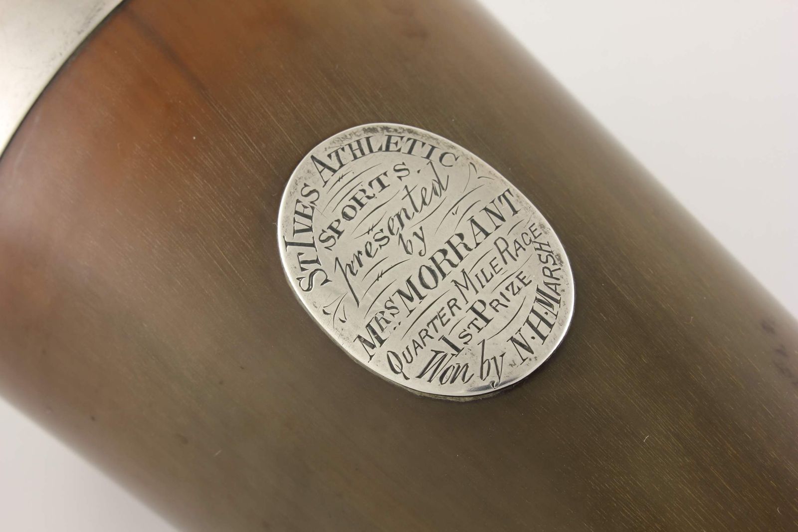 photo for sale Horn Beaker Cup Silver Rim & Plaque. St Ives Athletic Sports Trophy 1881.