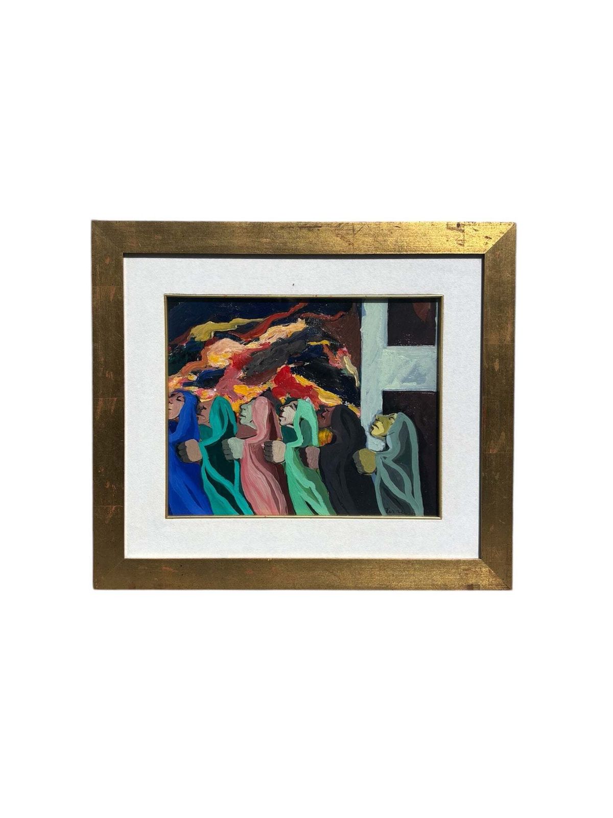 Oil On Panel Painting 'The Procession' By Saverio Terruso, 1970s