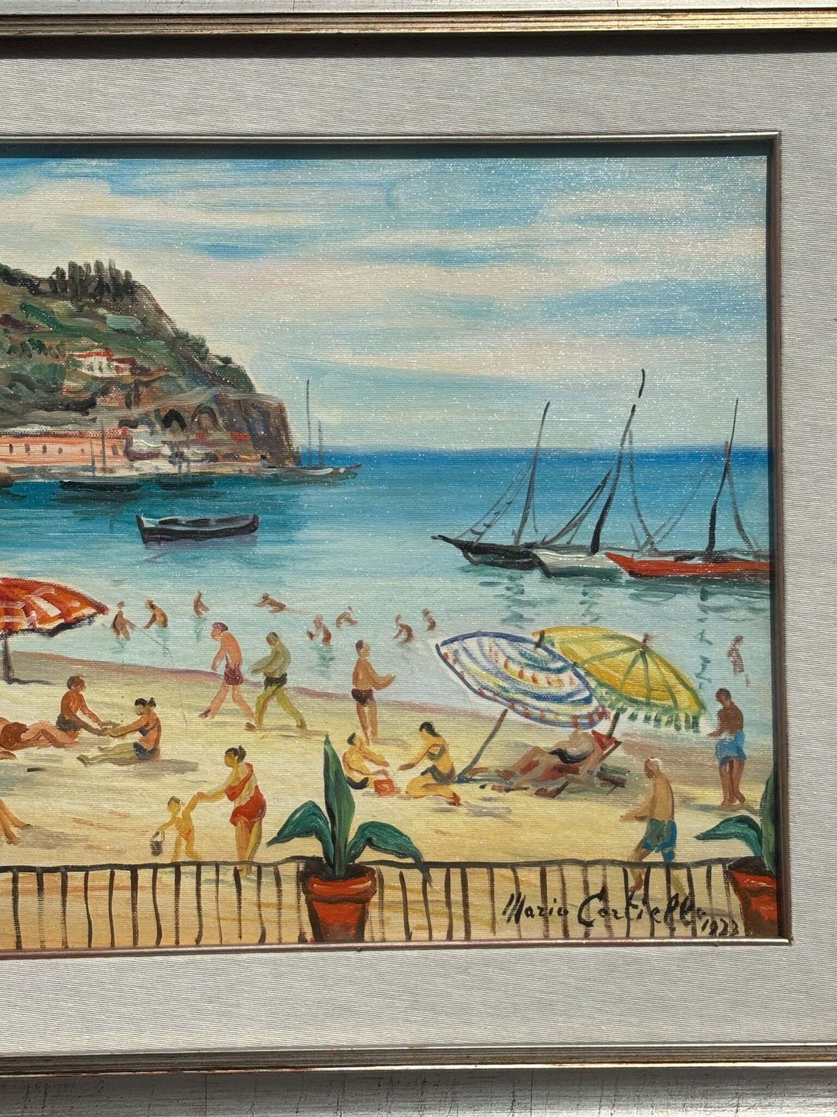 Oil On Canvas Painting 'At The Beach' By Mario Cortiello, 1960s photo for sale