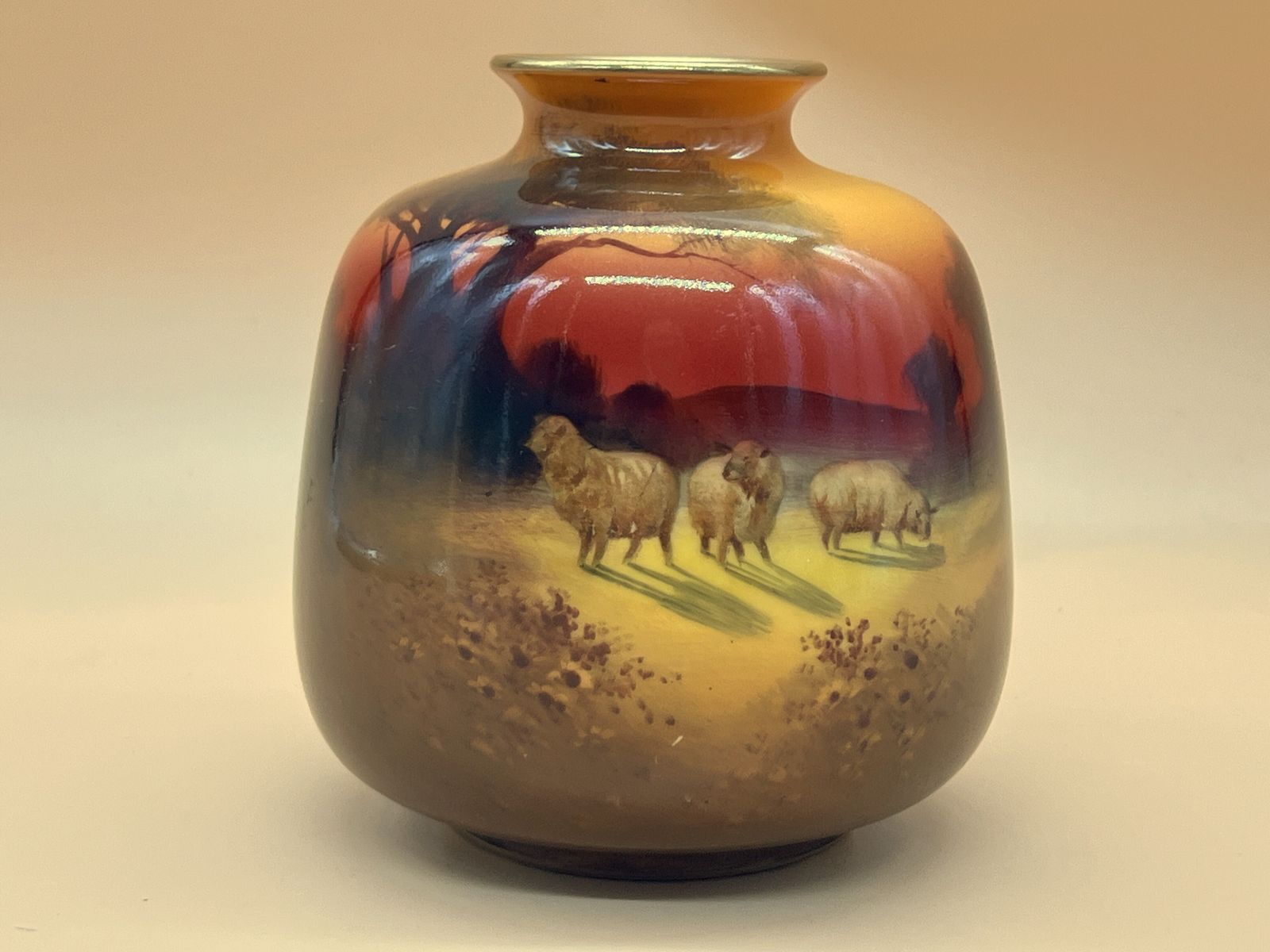 Antique Royal Doulton China Holbein Ware Sheep At Sunset Design Vase. C1900. photo furniture