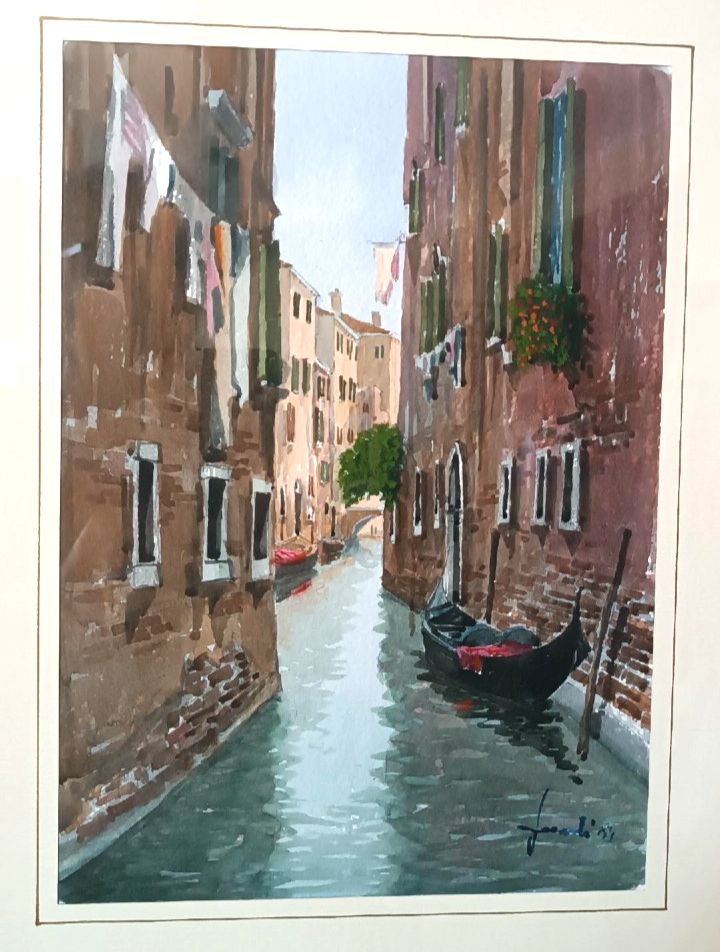 Acquerello Raffigurante Scorcio Canale Venezia O Chioggia Firmato photo 143.0