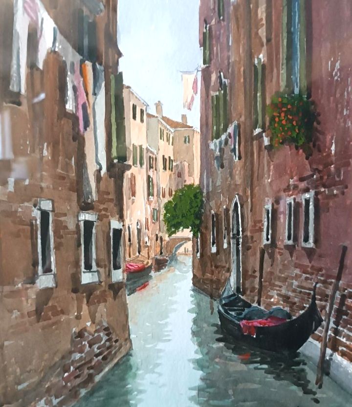 Acquerello Raffigurante Scorcio Canale Venezia O Chioggia Firmato photo vinterior