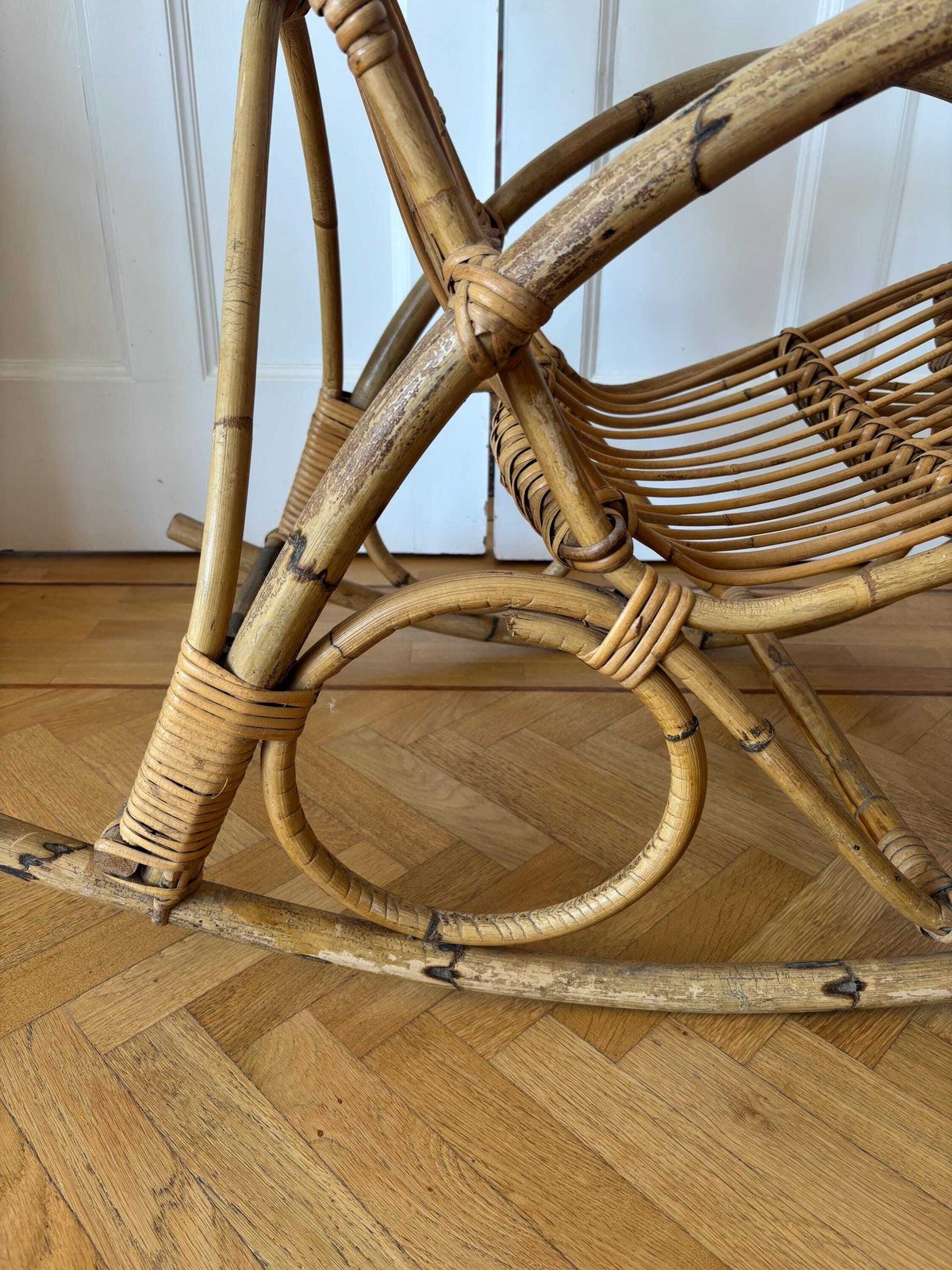 Mid 20th Century Italian Bamboo Rattan Rocking Chair Franco Albini Style photo for sale