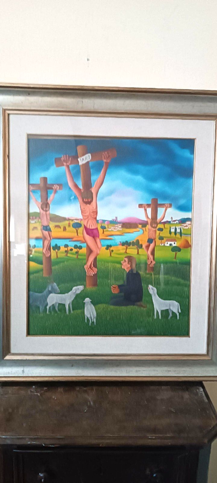 Oil Painting On Canvas Cesare Marchesini (Monza 1939) Crucifixion Naif photo for sale