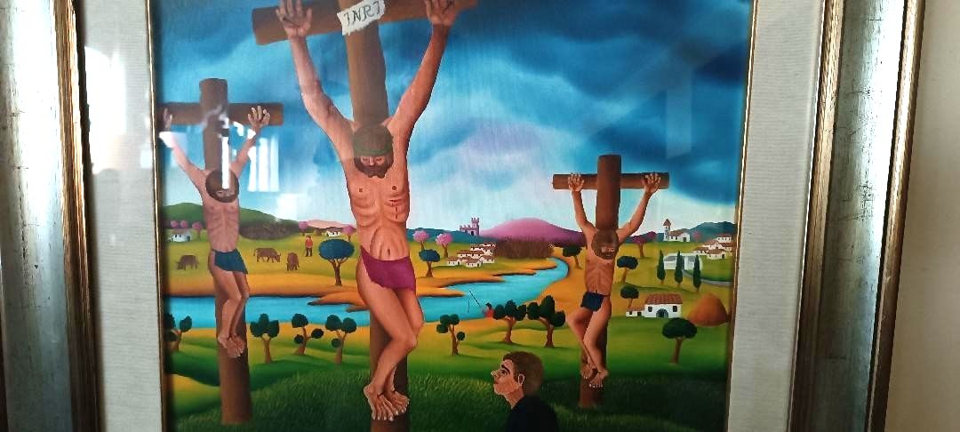 Oil Painting On Canvas Cesare Marchesini (Monza 1939) Crucifixion Naif photo vintage