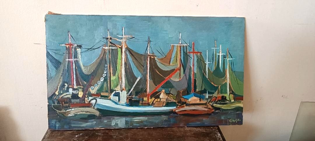 Dipinto Olio Su Tavola Marina Con Barche  Firmato Anni 50\60 photo furniture