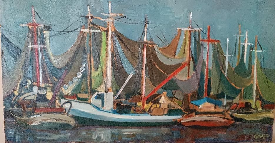 Dipinto Olio Su Tavola Marina Con Barche  Firmato Anni 50\60 photo Art