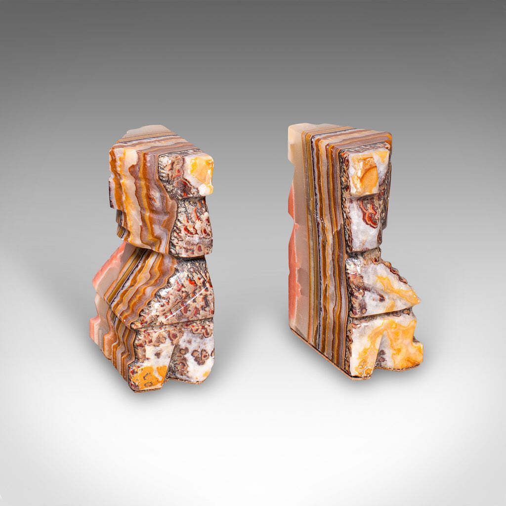 Pair Of Vintage Aztec Figure Bookends, Banded Agate, Book Rest, Art Deco, C.1930 photo furniture