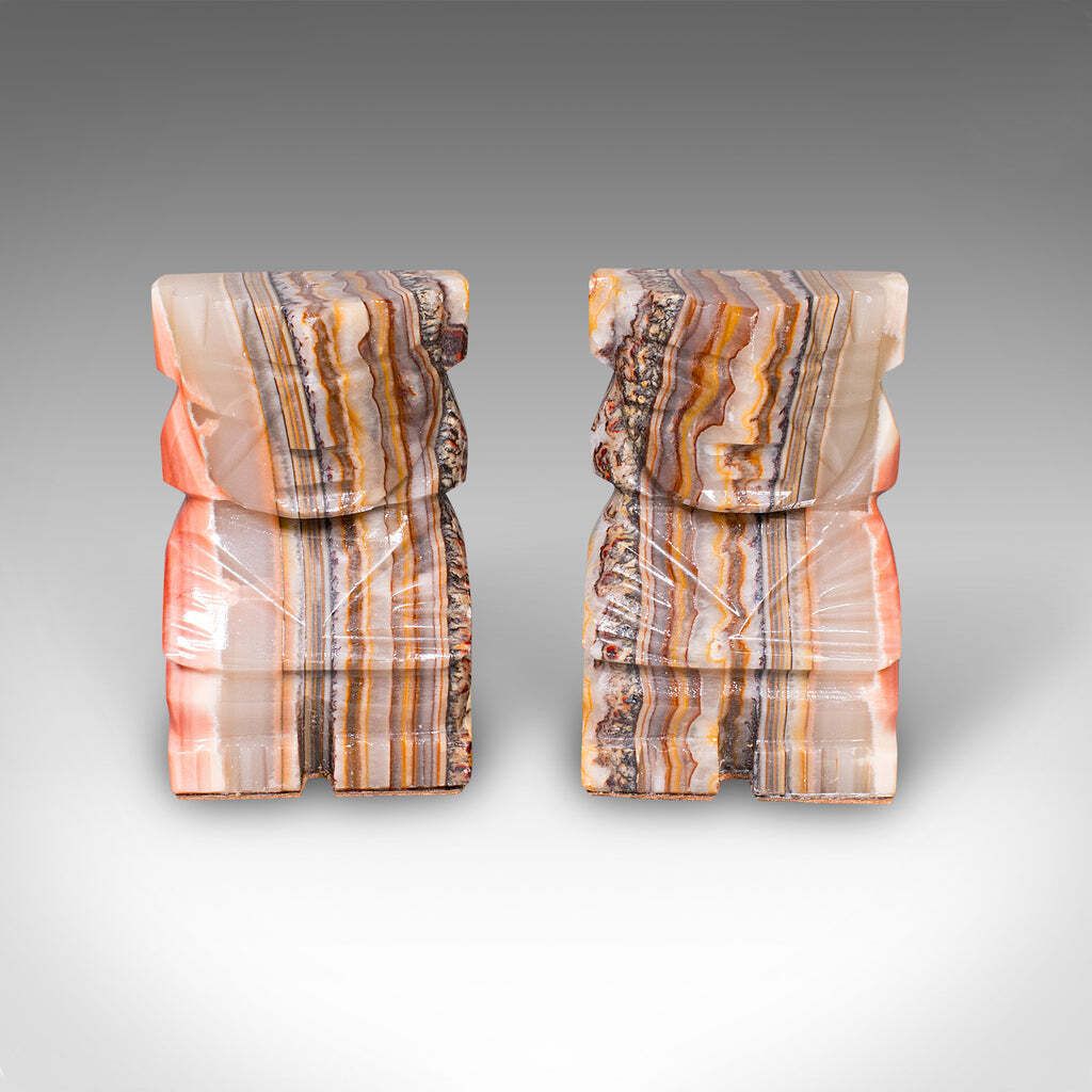 Pair Of Vintage Aztec Figure Bookends, Banded Agate, Book Rest, Art Deco, C.1930 photo for sale
