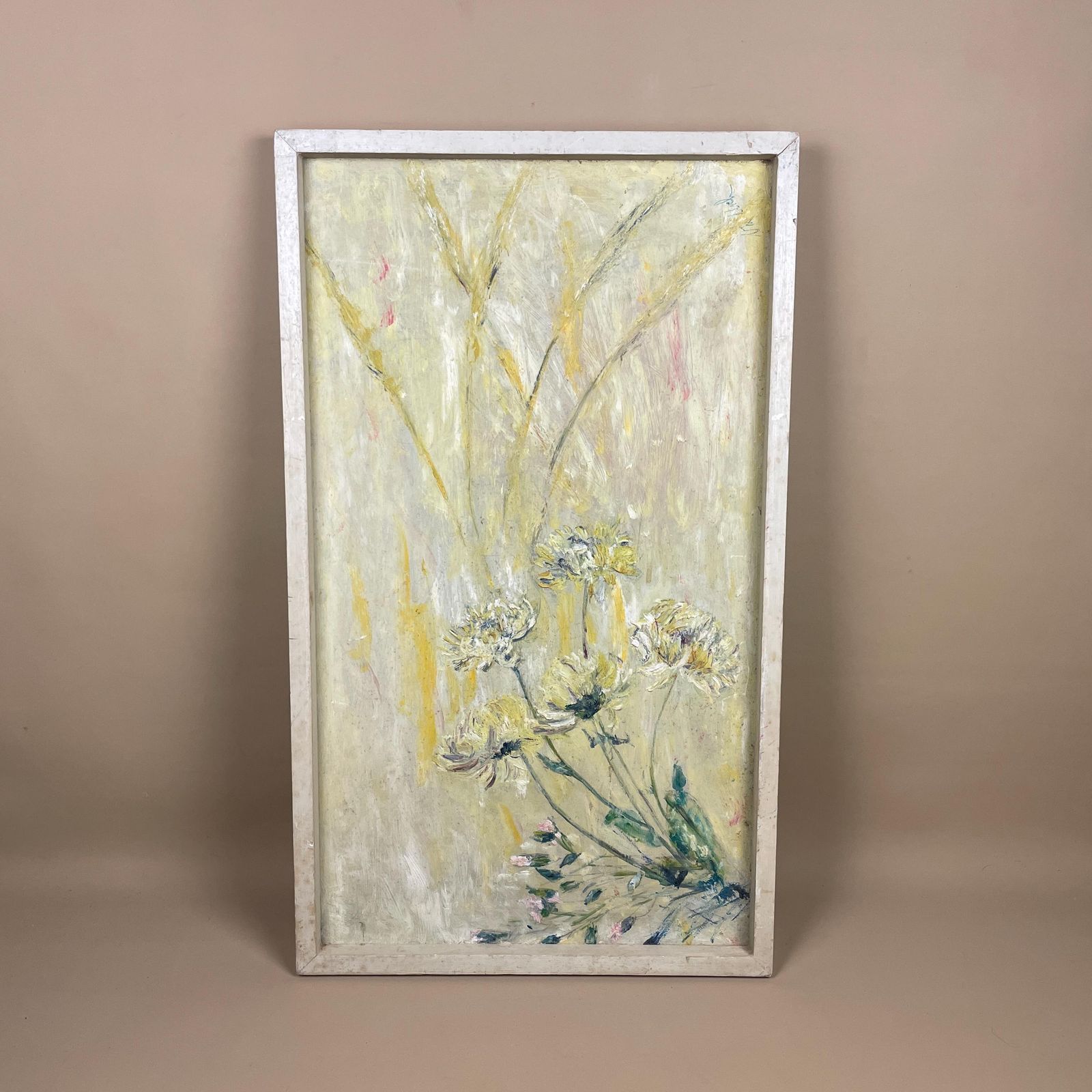 Mid Century Abstract Impressionist Floral Oil Painting On Board With White Painted Wooden Frame Vintage Yellow Flower Wall Art