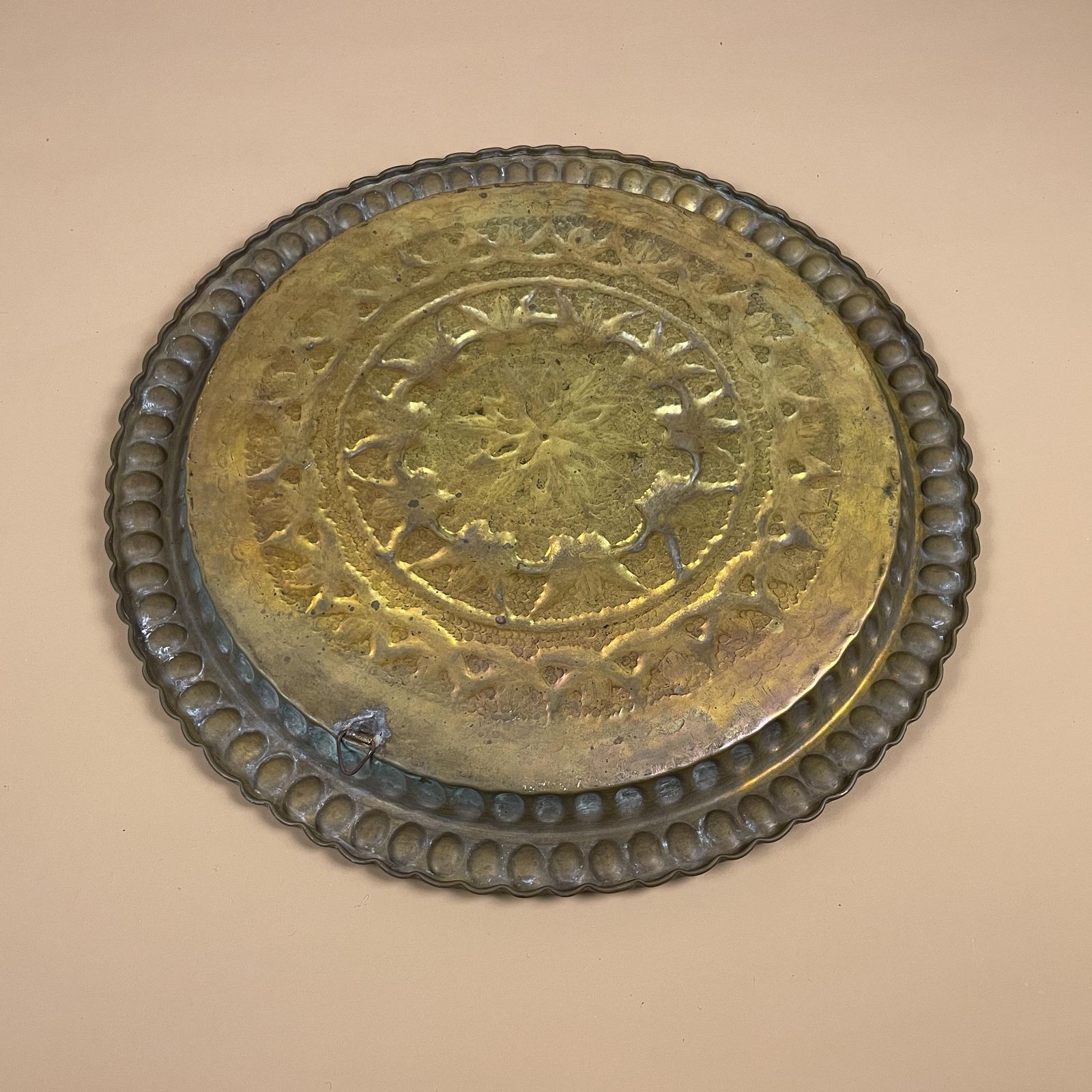 Antique Metal Gold Indian Patterned Brass Tray 42cm Plate Asian Handmade Etched Intricate Decorative Patterned Wall Art Round Vintage photo buy