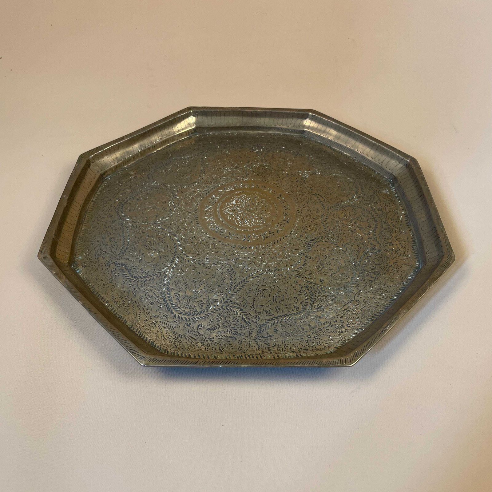 Antique Metal Gold Indian Patterned Brass Tray Plate Asian Handmade Etched Intricate Decorative Patterned Wall Art Octogon Vintage Patina photo furniture