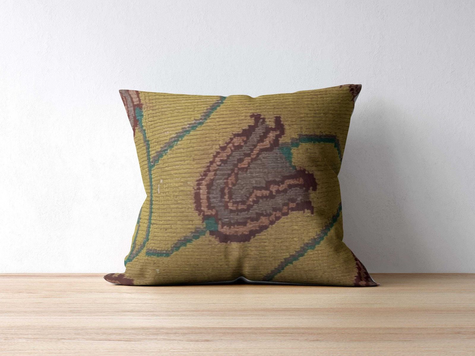 Floral Kilim Cushion Cover: Mustard, Turquoise Wool Rug Pillow (40x35 Cm)