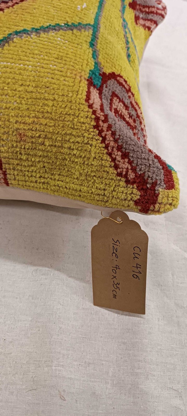 Floral Kilim Cushion Cover: Mustard, Turquoise Wool Rug Pillow (40x35 Cm) photo vintage