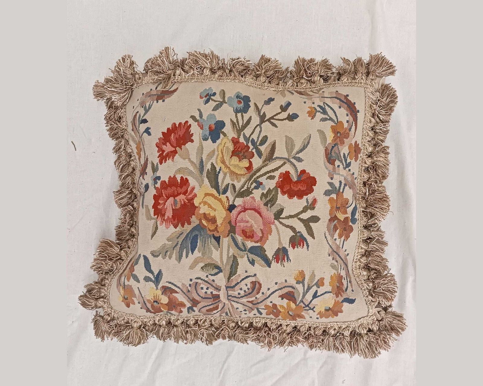 Vintage Aubusson Tassel Pillow, Antique Aubusson Floral Tapestry Cushion, Genuine Hand Woven Aubusson Cushion Cover 40 X 40 Cm
