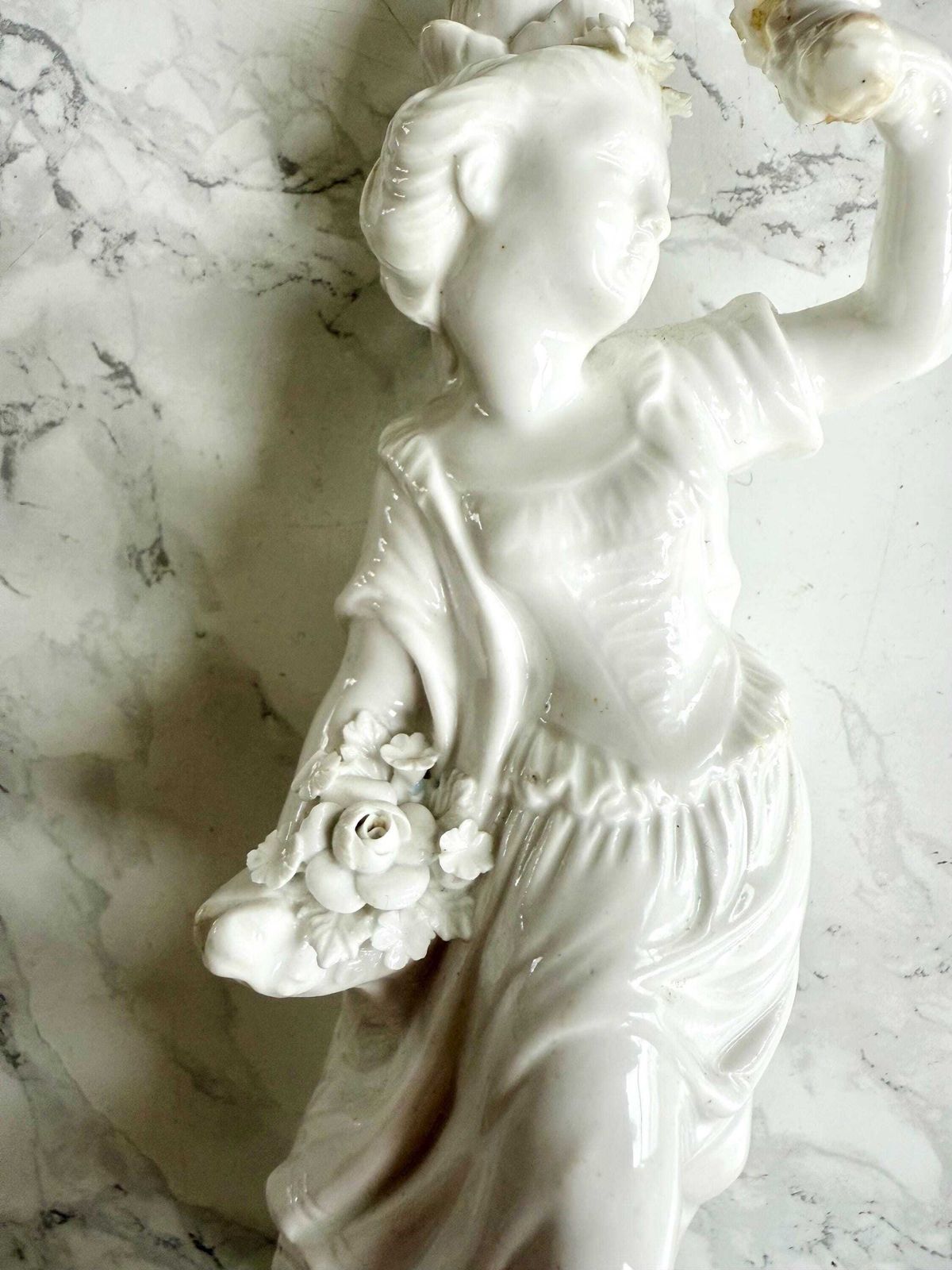 Antique White Porcelain Figurine In The Shape Of A Candlestick Rocaille 1700 Woman Flowers Romantic Floral Decor Blue Mark Underneath photo buy
