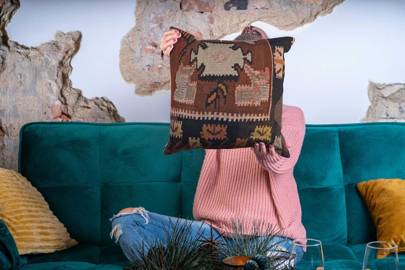 Pillow For Sofa, Vintage Kilim Throw Pillow, 45x45cm Handmade Kilim Cushion, Vintage Kilim Pillow, Brown Cushion, Hand Knotted Pillow photo for sale