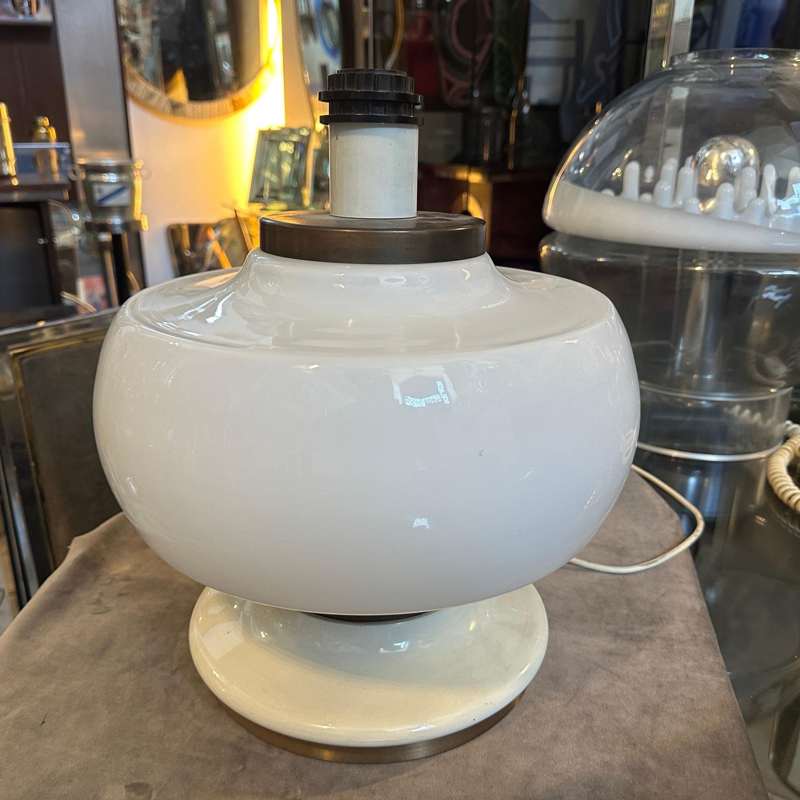 1970s Mid Century Modern White Opaline Glass And Brass Italian Table Lamp photo buy