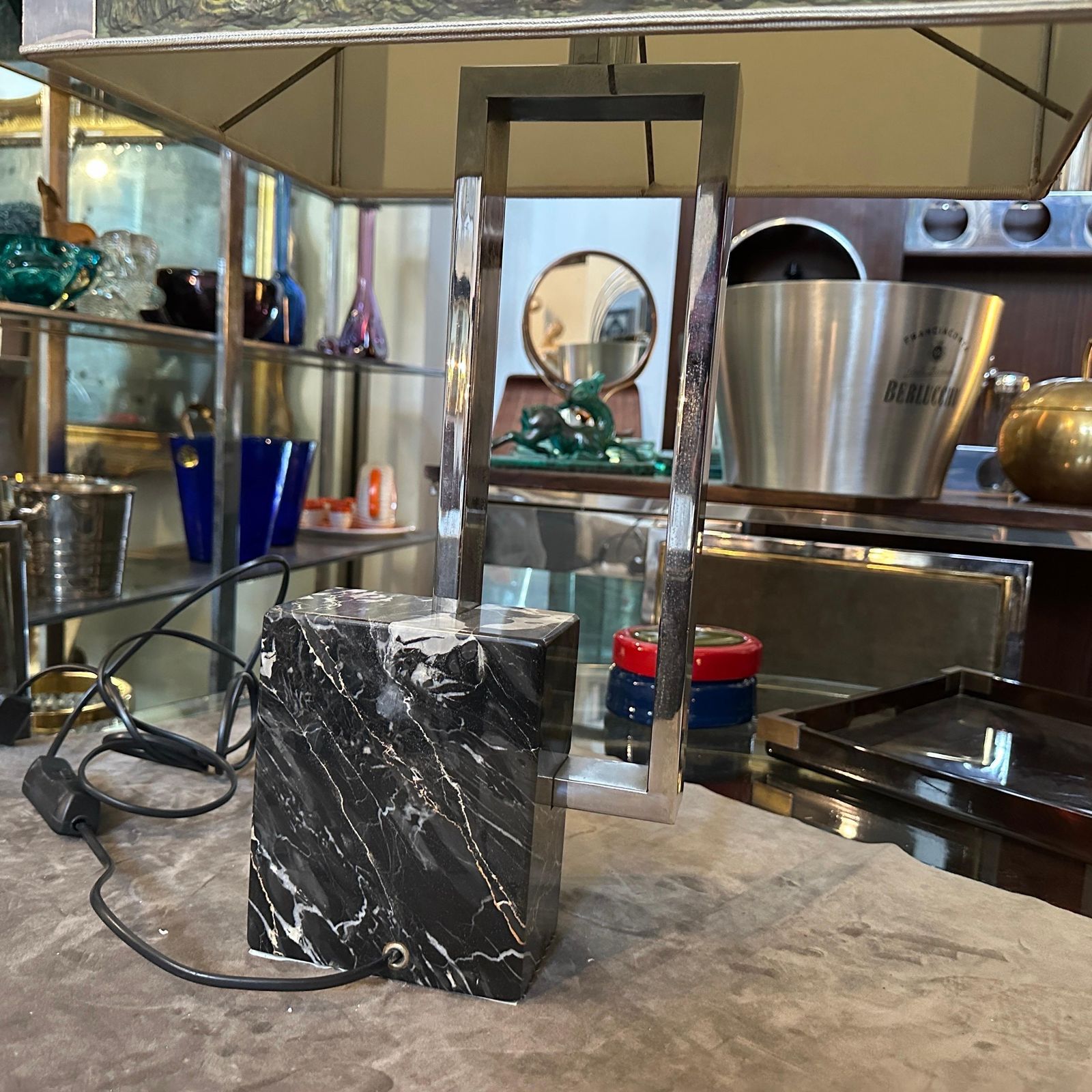 1970s Modernist Chromed Metal And Marble Table Lamp With Hand Painted Lampshade photo buy