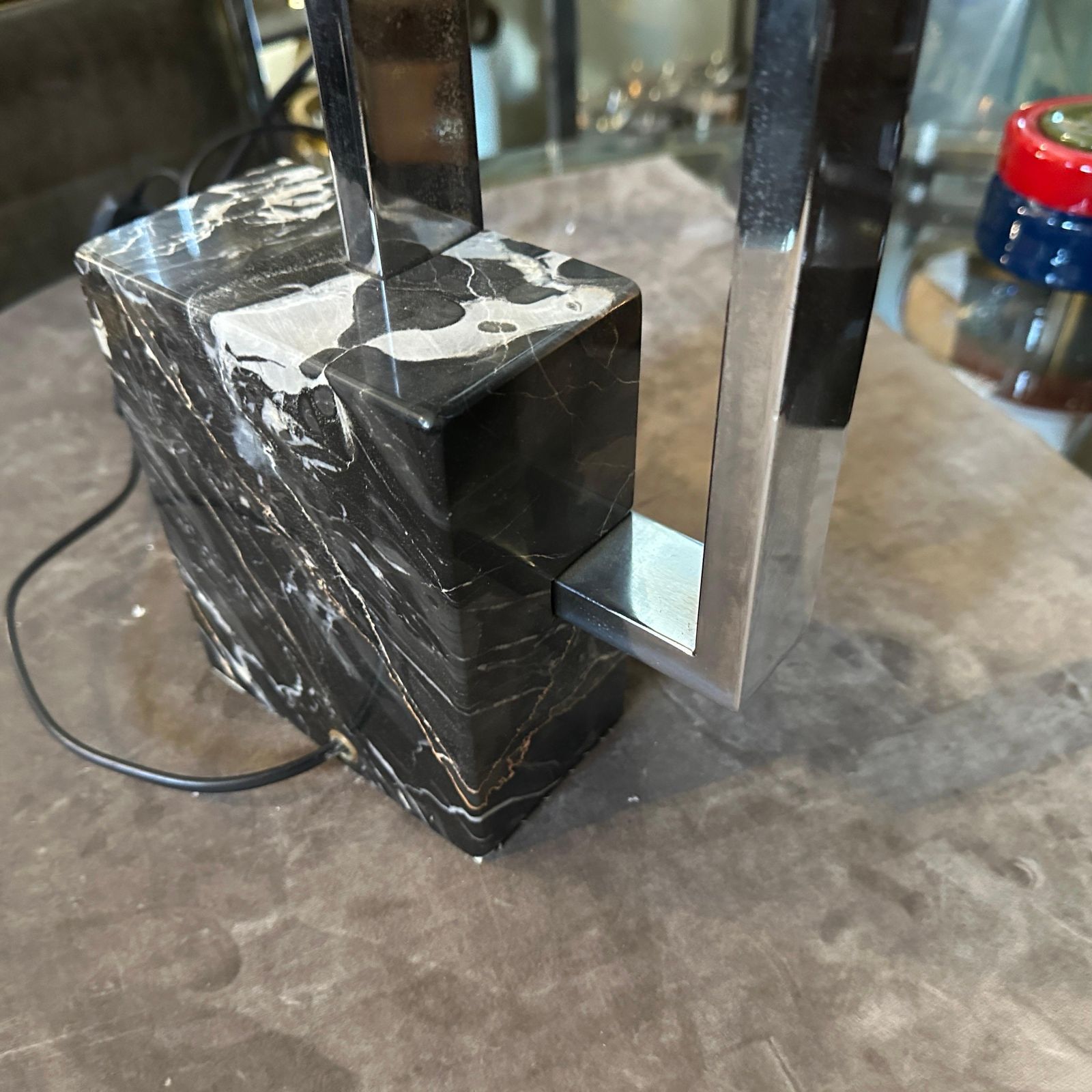 photo buy 1970s Modernist Chromed Metal And Marble Table Lamp With Hand Painted Lampshade