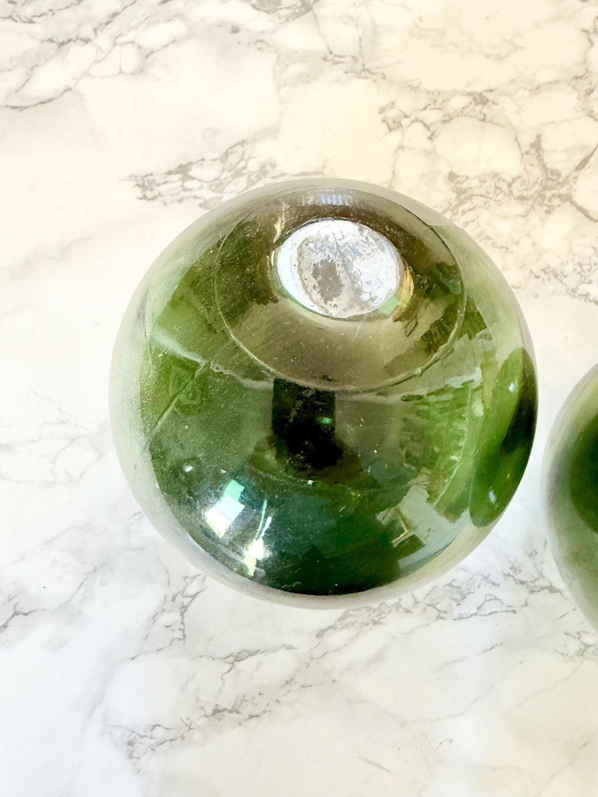 2 Antique French Blown Glass Fishing Floats Dark Green photo furniture