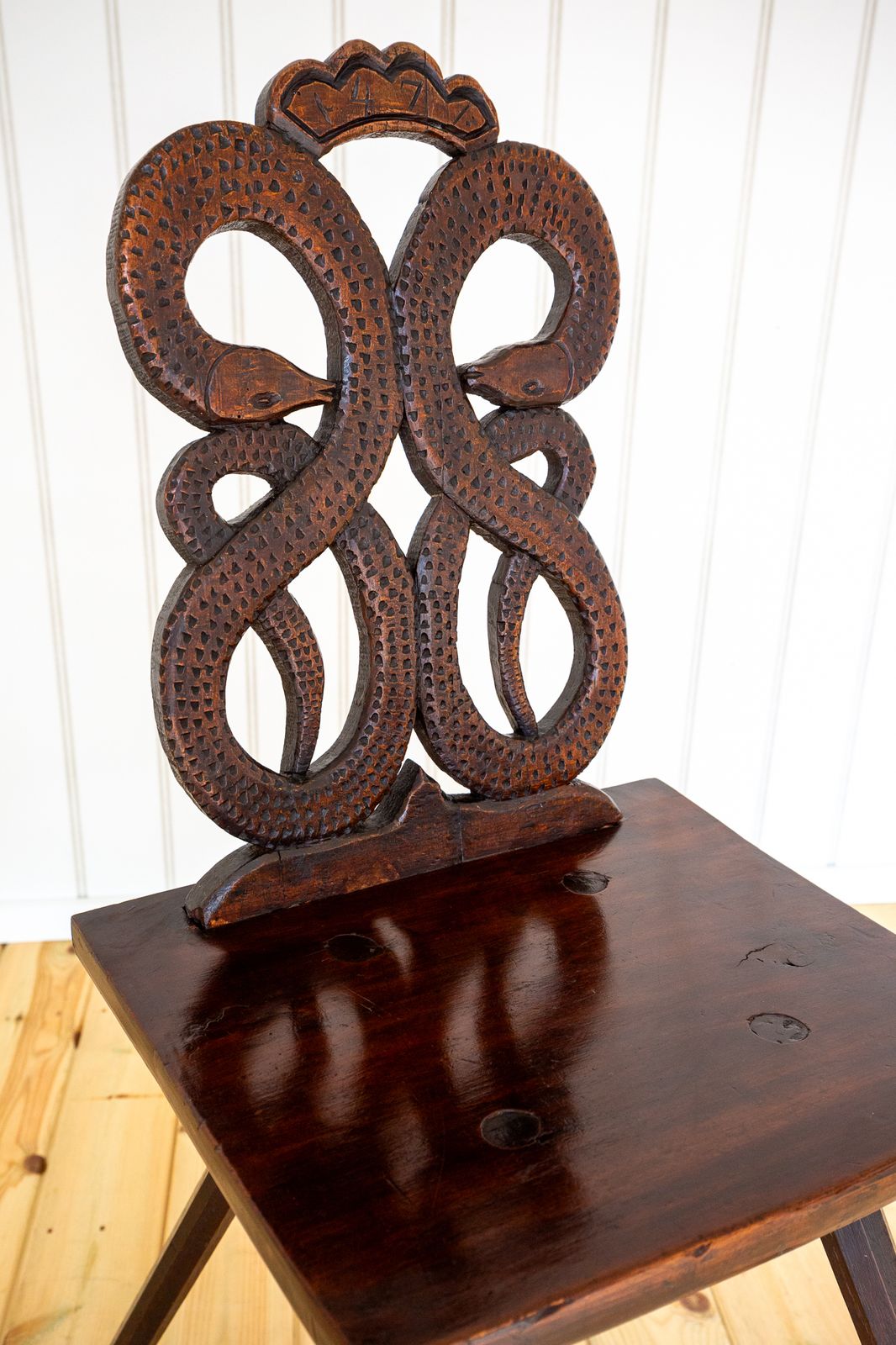 photo vintage 18th Century Folk Art Carved Chair Swiss Alp Historical Alsace Escabelle Tyrolean Sgabello Animal Snake Alpine Alsatian French 1770 Fine Antique
