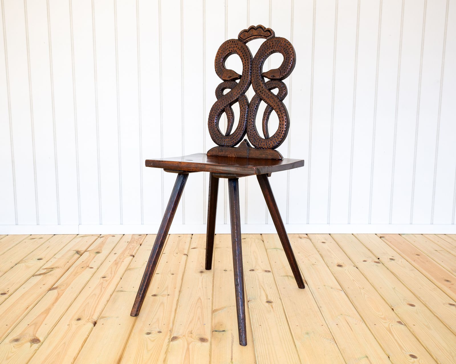 2850.0 18th Century Folk Art Carved Chair Swiss Alp Historical Alsace Escabelle Tyrolean Sgabello Animal Snake Alpine Alsatian French 1770 Fine Antique photo