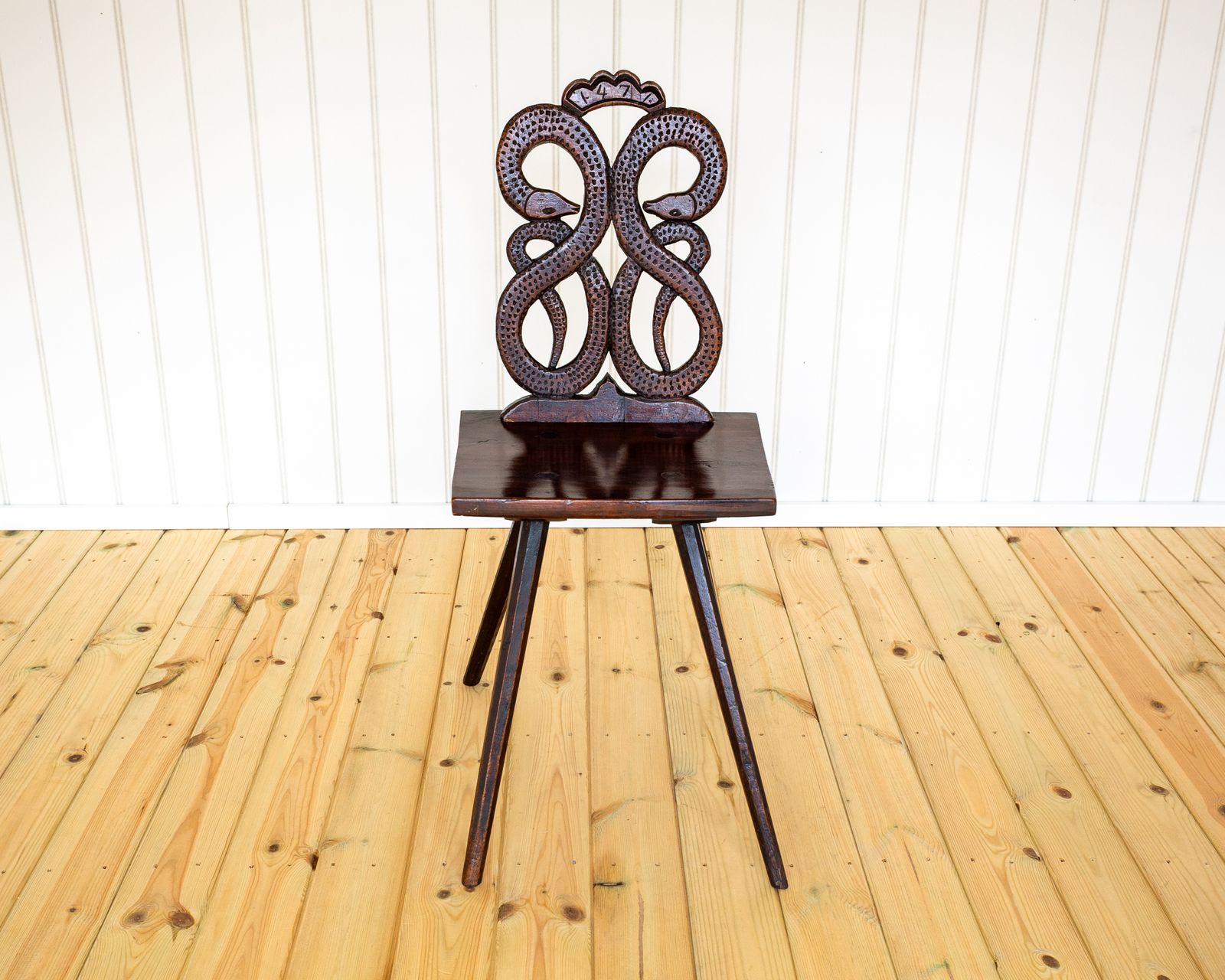 photo for sale 18th Century Folk Art Carved Chair Swiss Alp Historical Alsace Escabelle Tyrolean Sgabello Animal Snake Alpine Alsatian French 1770 Fine Antique