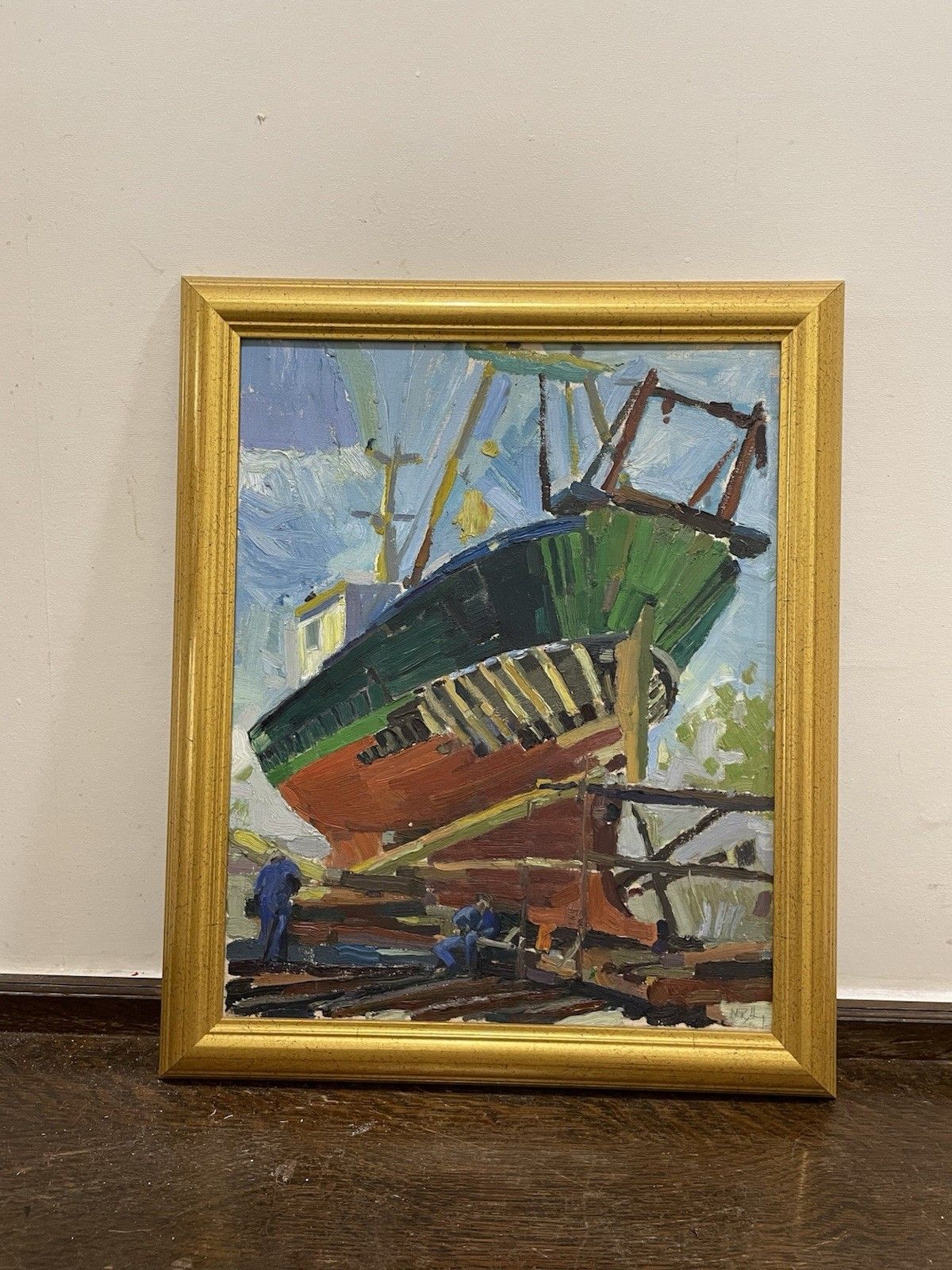 Vintage Original Oil Painting Shipyard/Docks Teeside Impasto Impressionist