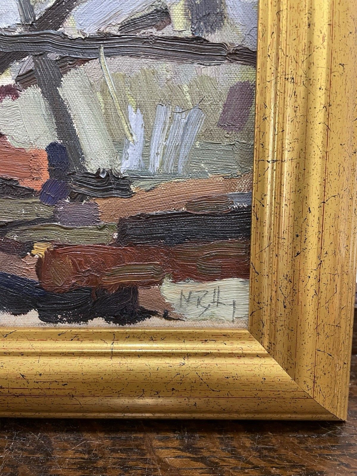 Vintage Original Oil Painting Shipyard/Docks Teeside Impasto Impressionist photo Art