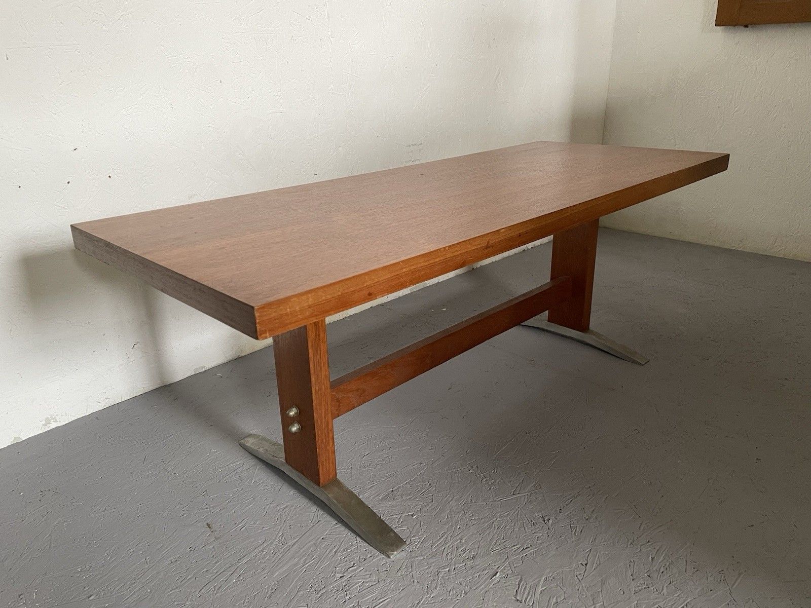 Mid Century Modernist Teak Coffee Table Chunky Brutalist Design Aluminium Feet