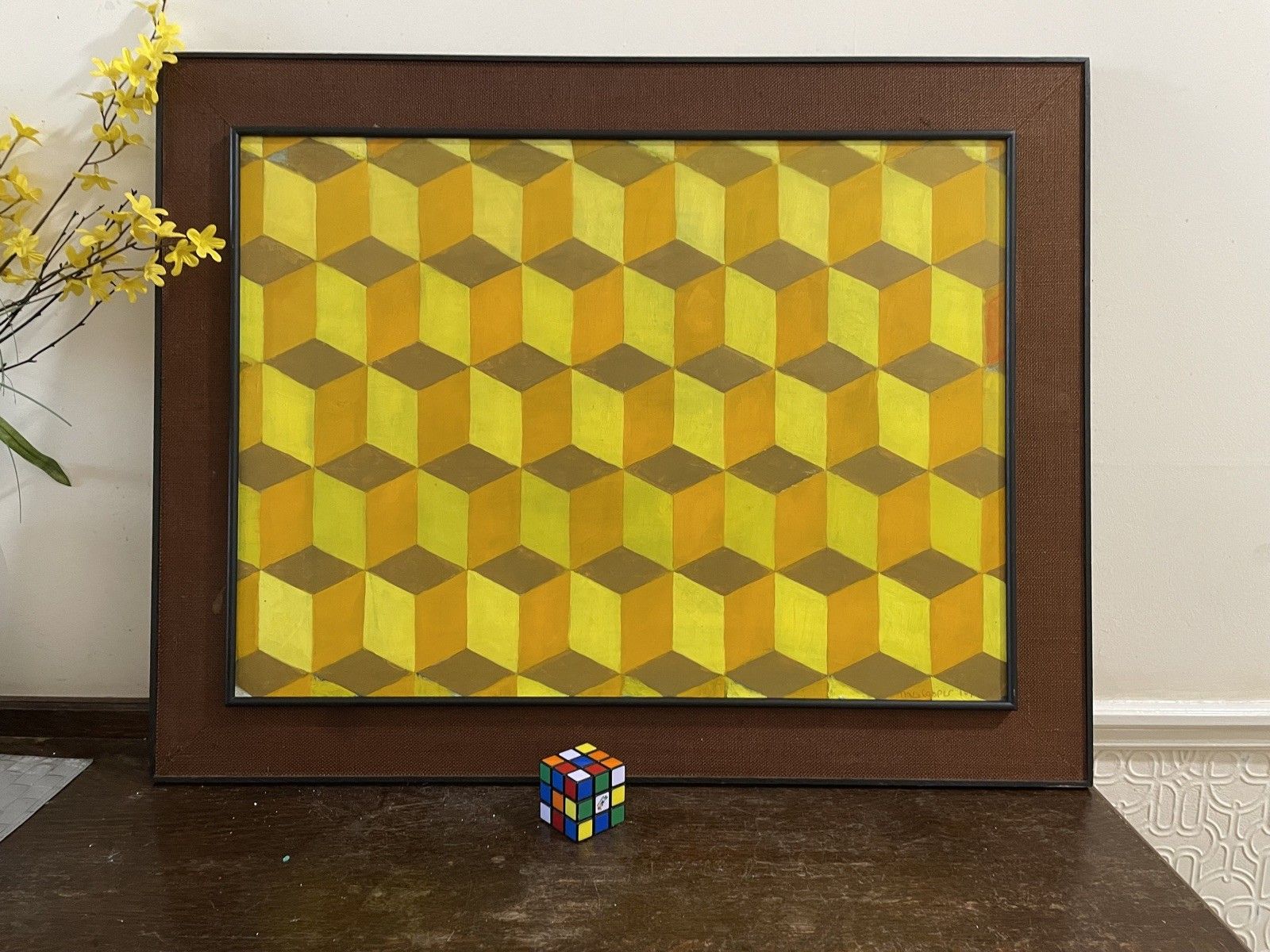 photo for sale Mid Century Op Art Oil Painting Framed Signed Vintage Modernist Bridget Riley
