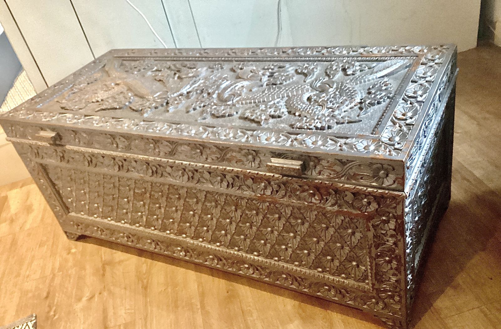 Large Chinese Carved Teak Chest  Twin Dragons C.1930s photo for sale