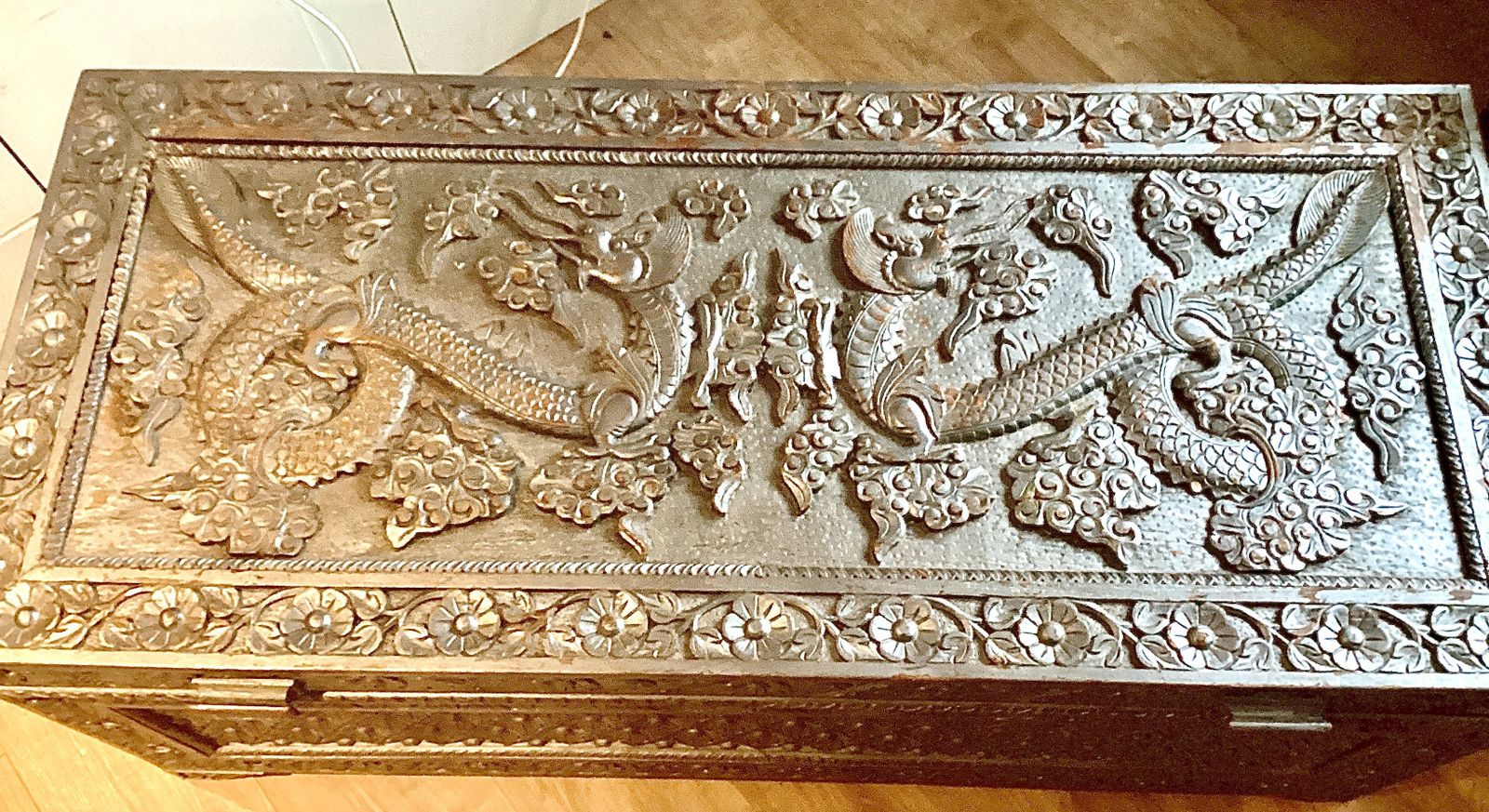 photo furniture Large Chinese Carved Teak Chest  Twin Dragons C.1930s