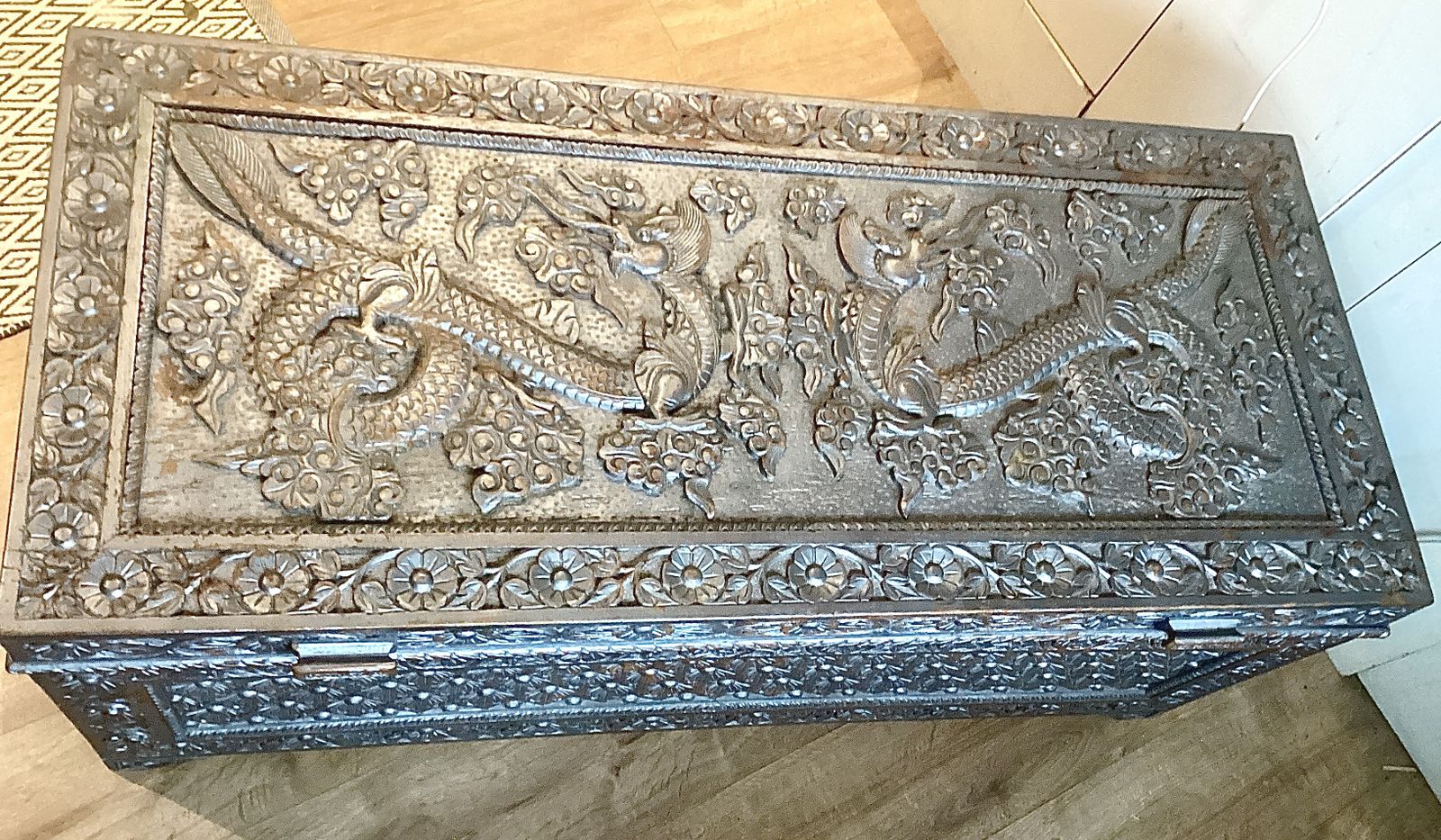 Furniture Large Chinese Carved Teak Chest  Twin Dragons C.1930s photo