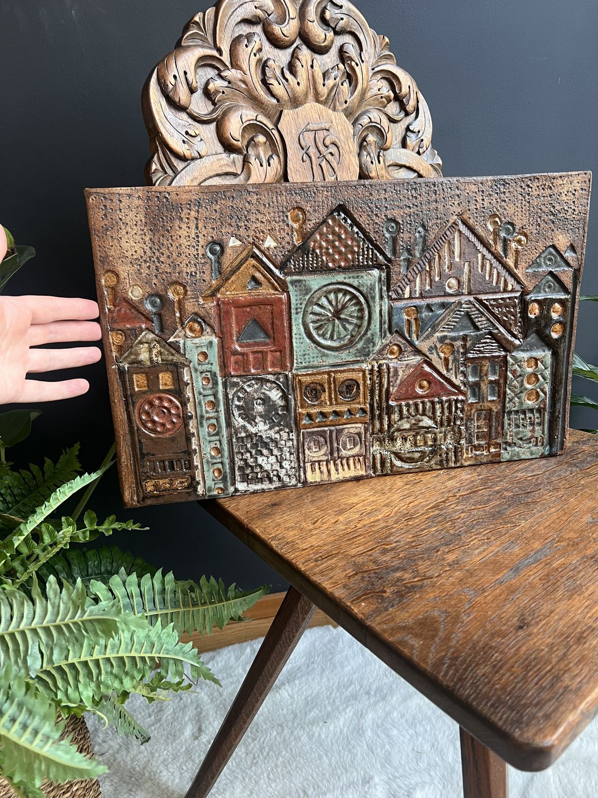 Folk Art Ceramic Wall Plaque, Rheinfelden Switzerland Mid Century Ceramics, Vintage 1970s Swiss Ceramic, Cityscape Art, Medieval House photo vintage