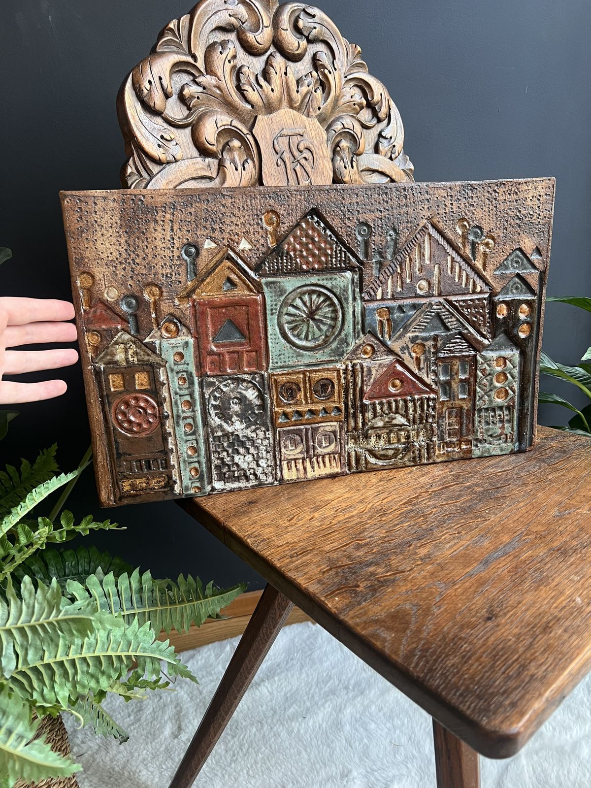 Art Folk Art Ceramic Wall Plaque, Rheinfelden Switzerland Mid Century Ceramics, Vintage 1970s Swiss Ceramic, Cityscape Art, Medieval House photo