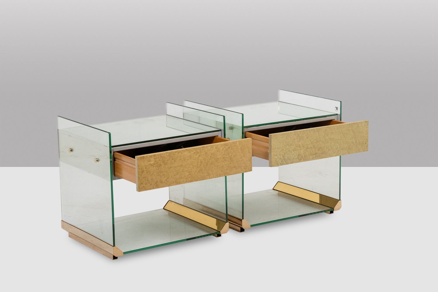 photo for sale Pair Of Bedside Tables In Brass, Glass And Mirror. 70’s