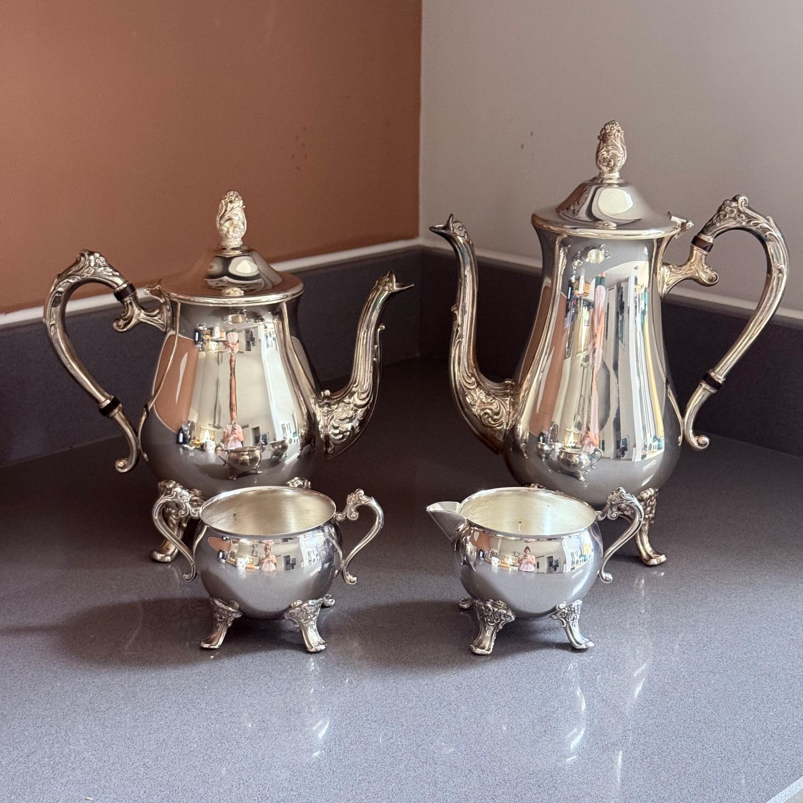 Antique Silver Tea And Coffee Set, 4 Piece Footed Service Ornate Handles Lids photo buy