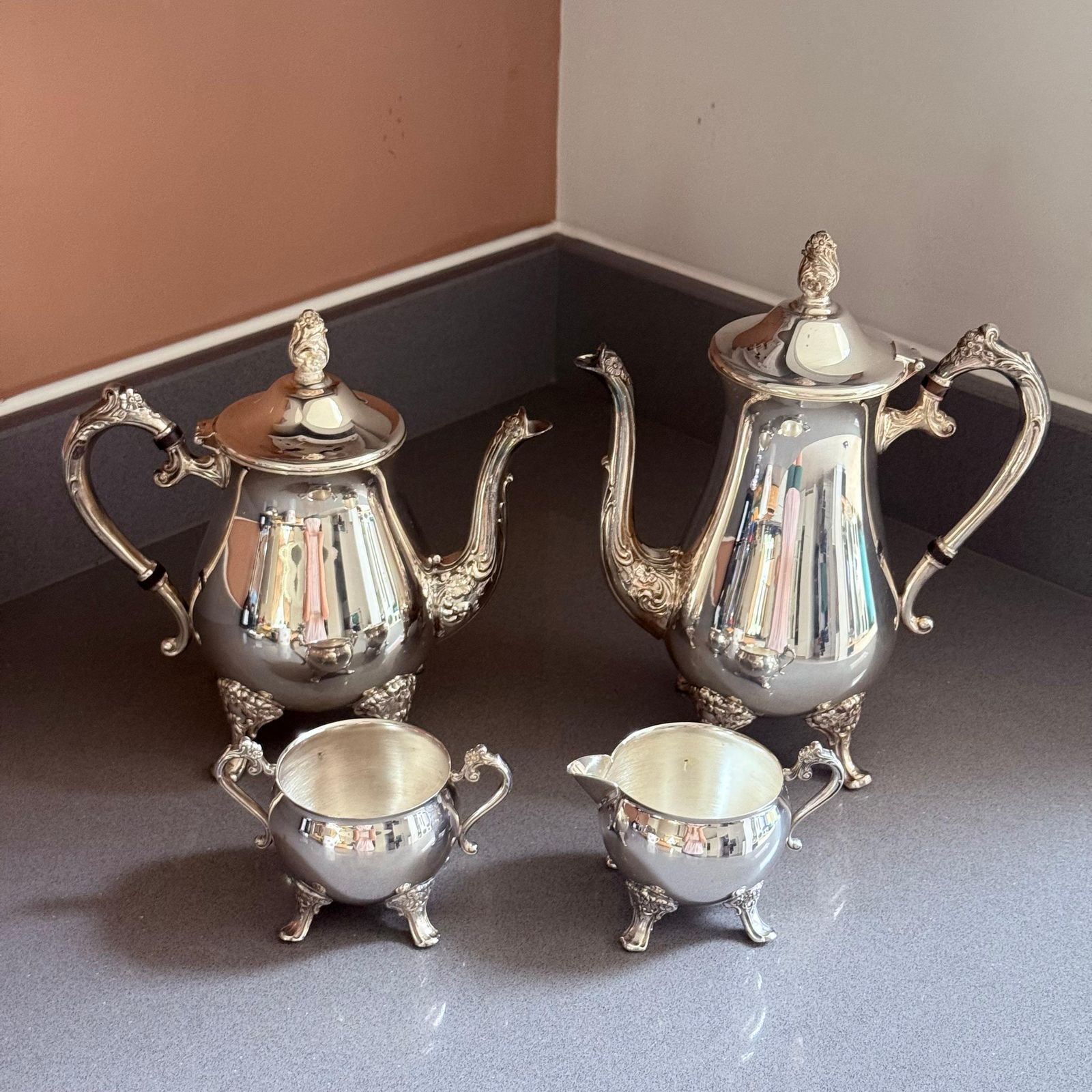 Antique Silver Tea And Coffee Set, 4 Piece Footed Service Ornate Handles Lids photo vintage