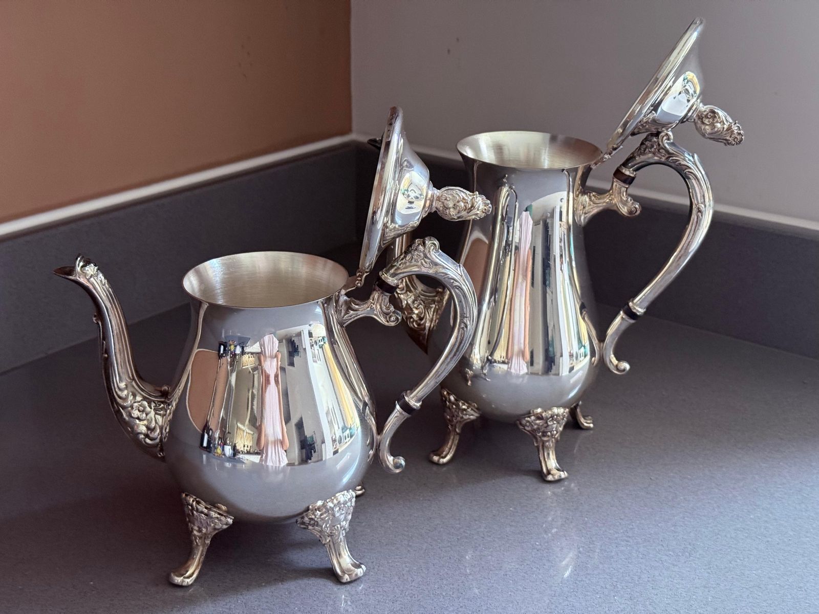 photo buy Antique Silver Tea And Coffee Set, 4 Piece Footed Service Ornate Handles Lids
