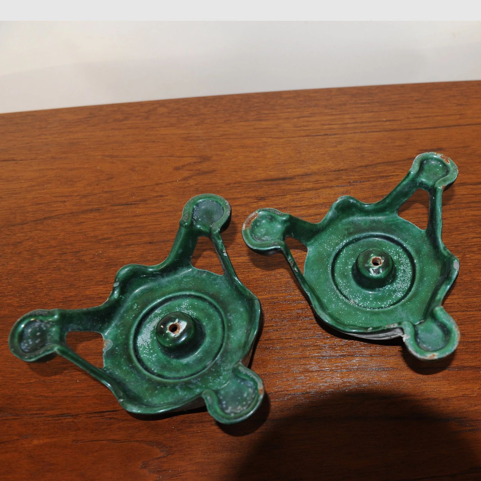 Pair Of Metal Candle Stick Holders In Green, 1970s photo Home Decor