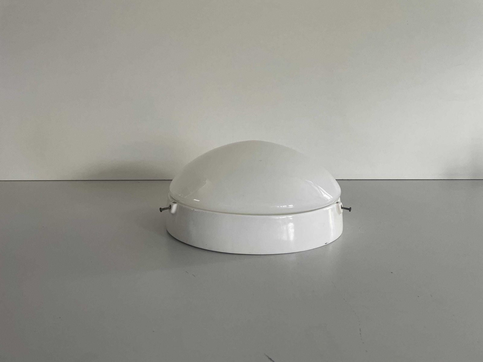 Round Opaline Glass And White Porcelain Single Bathroom Flush Mount Light, 1950s, Italy