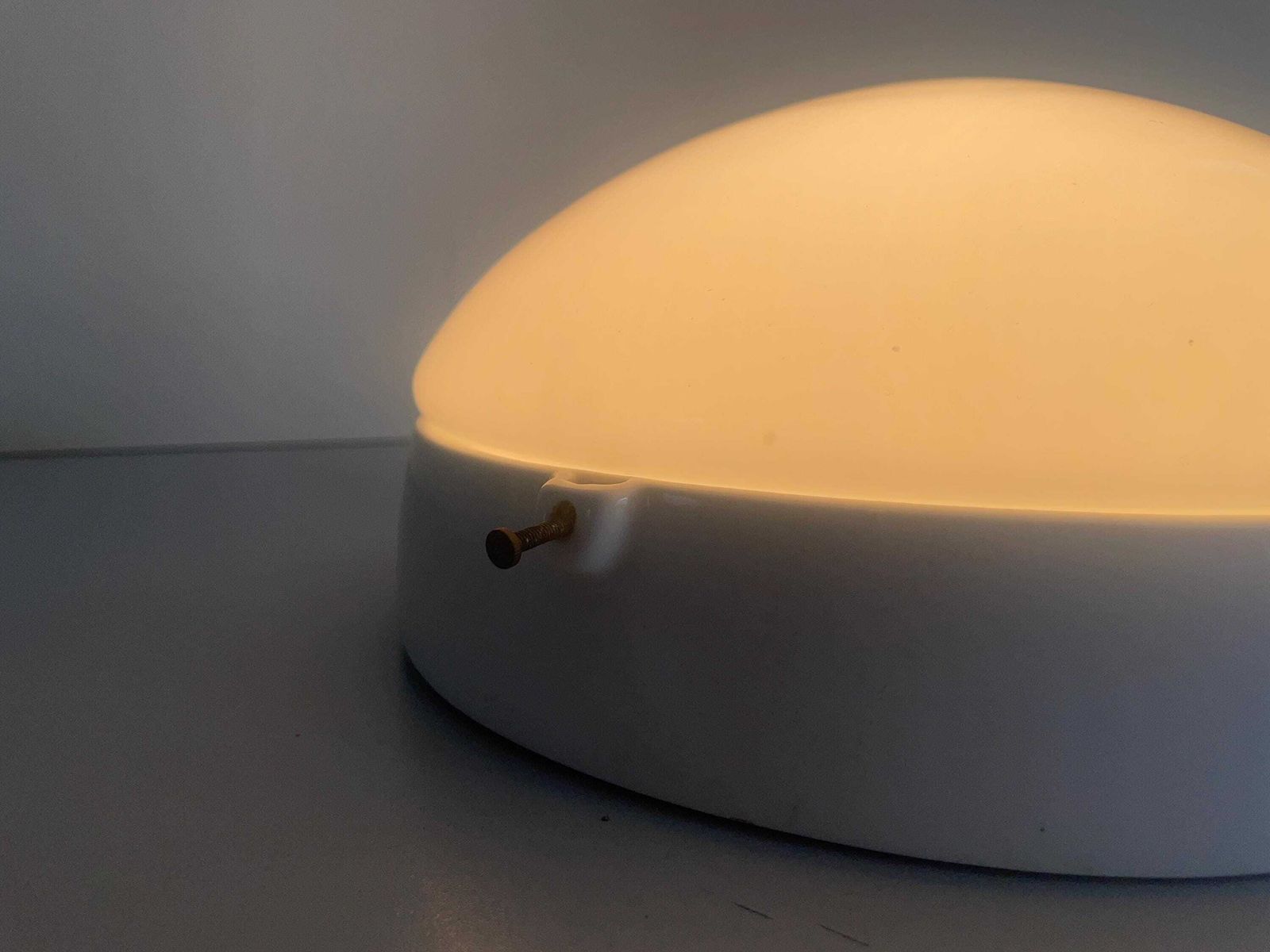 photo furniture Round Opaline Glass And White Porcelain Single Bathroom Flush Mount Light, 1950s, Italy