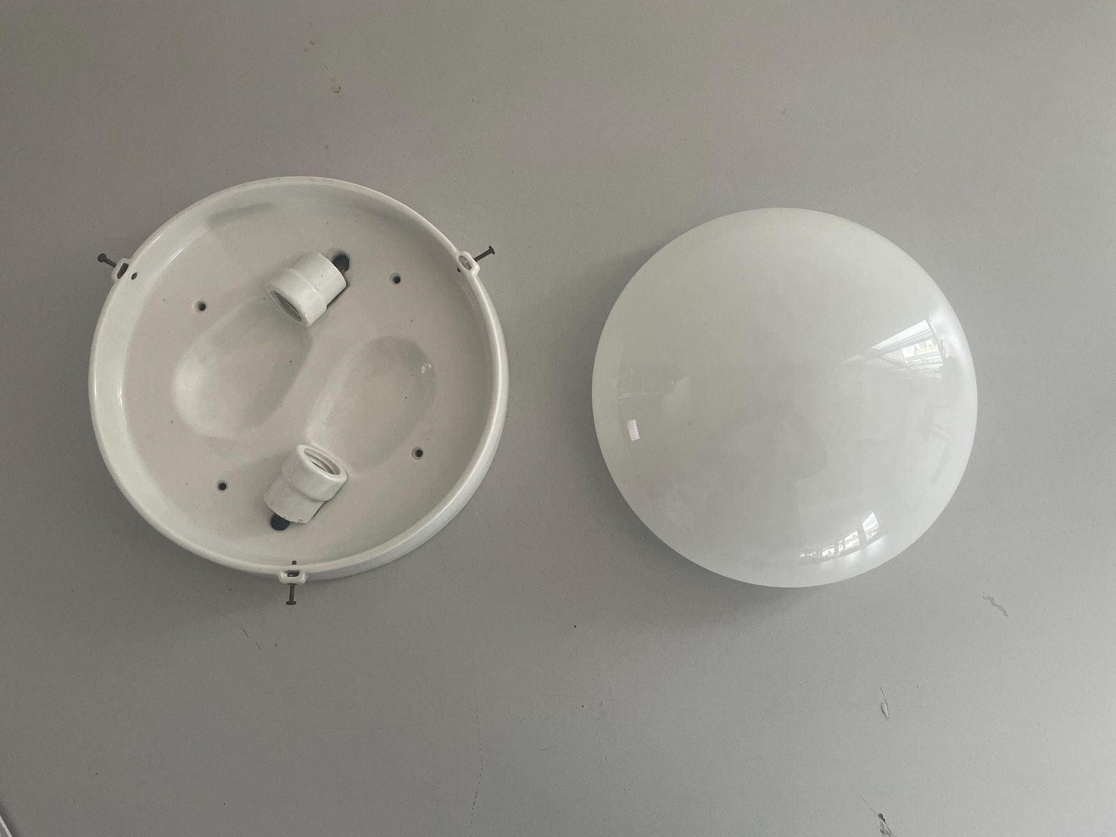 photo for sale Round Opaline Glass And White Porcelain Single Bathroom Flush Mount Light, 1950s, Italy