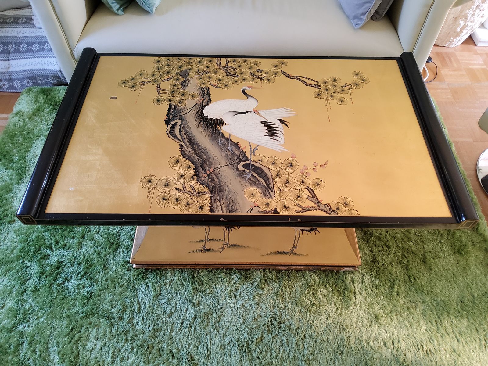 Chinoiserie Gold And Black Lacquered Table With Crane Motifs photo vinterior