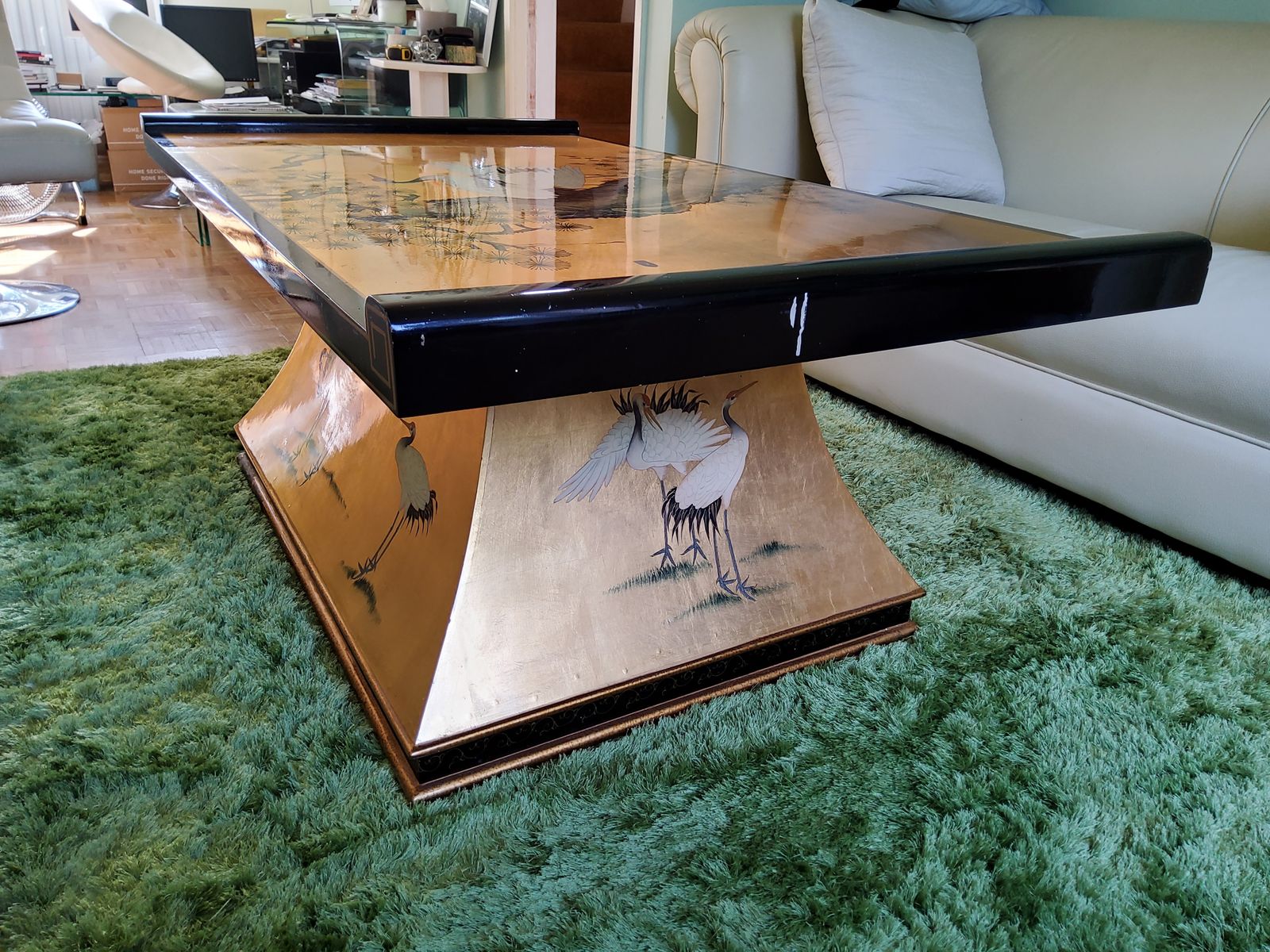 Chinoiserie Gold And Black Lacquered Table With Crane Motifs photo buy