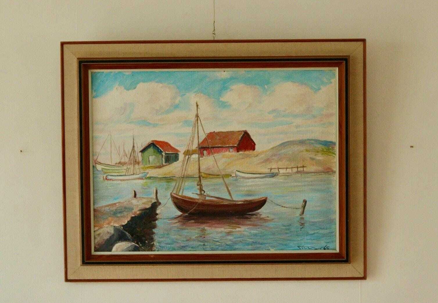Vintage Panel Painting – “Boat And House Motif” – Signed  58 X 46 Cm (22.8" X 18.1")